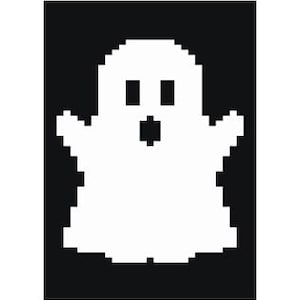 May include: A white pixelated ghost with a surprised expression, against a black background.