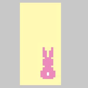 May include: A pink pixelated bunny rabbit on a yellow background.