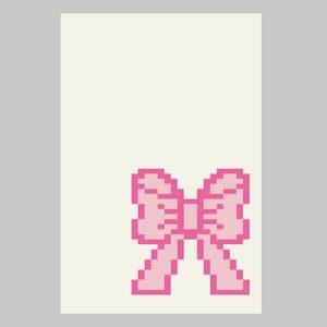 May include: A pixelated pink bow graphic on a cream background. The bow is light pink with a darker pink outline, creating a 3D effect. The design is simple and clean, with a retro aesthetic.