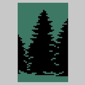 May include: Silhouette of three dark green trees against a light green background.