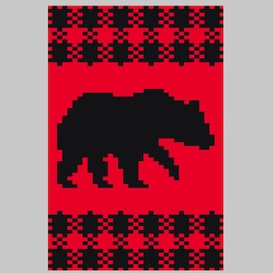 Puede incluir: Una silueta de oso negro sobre un fondo rojo con un borde de patrón negro y rojo.