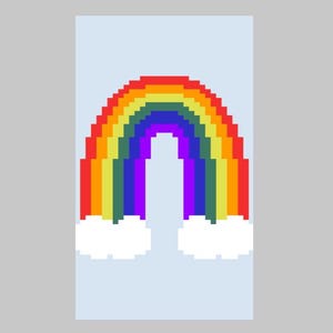 Può includere: Un design arcobaleno pixelato con archi rossi, arancioni, gialli, verdi, blu e viola. Due nuvole bianche pixelate sono alla base dell'arcobaleno, su uno sfondo azzurro. L'immagine ha uno stile retrò e di arte digitale.