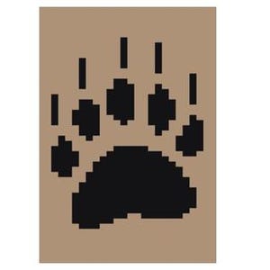 May include: Black bear paw print on a brown background.
