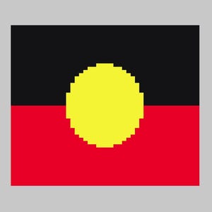 May include: A square flag design featuring a horizontal split with a black upper half and a red lower half. Centered in the middle is a bright yellow circle with a pixelated edge, creating a distinct geometric contrast against the two-toned background.