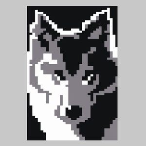 Puede incluir: Una imagen pixelada en blanco y negro de la cara de un lobo. El pelaje del lobo es blanco en el lado izquierdo de la cara y negro en el lado derecho.