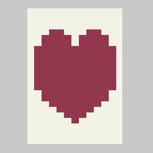 Può includere: Un cuore pixelato bordeaux su sfondo bianco sporco. Il cuore è composto da pixel quadrati, che gli conferiscono un'estetica retrò e digitale. L'immagine è ambientata su uno sfondo grigio chiaro, creando una composizione semplice e pulita.