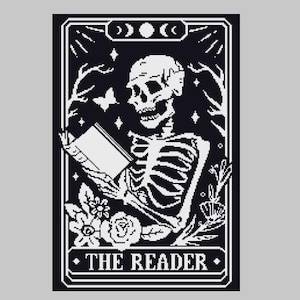 May include: Black and white illustration of a skeleton reading a book, framed within a decorative border. The image features floral and celestial elements, with the text "THE READER" at the bottom. A butterfly is also present.