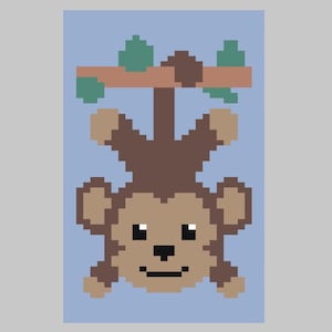 Könnte beinhalten: Eine pixelige Illustration eines braunen Affen, der kopfüber an einem braunen Ast mit grünen Blättern hängt. Der Affe hat ein hellbraunes Gesicht und befindet sich vor einem hellblauen Hintergrund.