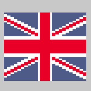 以下が含まれることがあります： イギリスの国旗であるユニオンジャックのピクセル化された表現。赤十字と白い背景に斜めのストライプが、青い背景に描かれています。