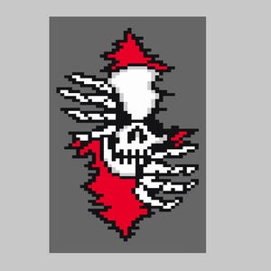 May include: A pixel art graphic featuring a white skull with a red pointed hat or hood. The design incorporates stylized white skeletal hand or wing-like elements extending from the sides, all set against a solid gray background.