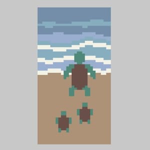Peut inclure: Illustration pixélisée de tortues de mer sur une plage. Les tortues sont vertes et marron, avec un océan bleu et blanc en arrière-plan. Le sable est beige. L'image a un style rétro, 8 bits.