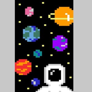 May include: Pixelated illustration of a spacewalk scene. A white astronaut is looking up at colorful planets and stars against a black background. The planets are various colors, including orange, blue, purple, and red.