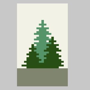 May include: A pixelated illustration of three evergreen trees in varying shades of green against a cream background. The trees are set above a solid, muted green-gray base, with a light gray border.