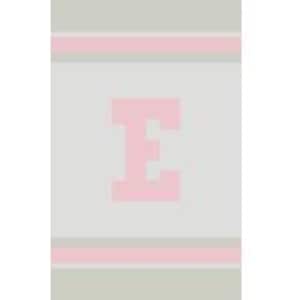 May include: A rectangular, light gray towel with a pink letter "E" in the center. The towel has two horizontal pink stripes near the top and bottom, and vertical gray stripes on the sides.