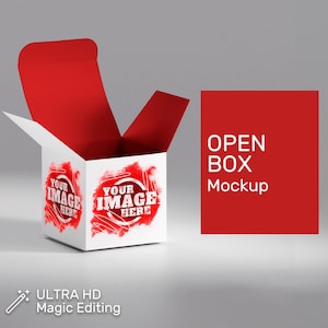 May include: A white box with red accents and the text "YOUR IMAGE HERE" on the front. The box is open and the lid is folded back. The text "OPEN BOX Mockup" is on a red background.