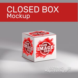 以下が含まれることがあります： 赤い水彩風のデザインと「YOUR IMAGE HERE」というテキストが両側に書かれた白い段ボール箱のモックアップです。