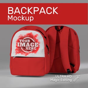 Puede incluir: Maqueta de mochila roja con un panel frontal blanco para diseños personalizados. El texto "YOUR IMAGE HERE" se muestra en la parte delantera. También se muestra el texto "BACKPACK Mockup".