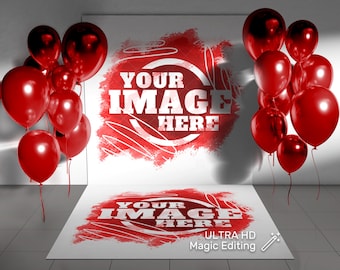 Maqueta de fondo para fiesta: pared y suelo, decoración con globos (archivo digital PSD)