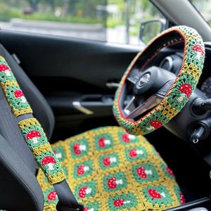Funda de asiento de coche de crochet con forma de hongo, funda de volante de crochet, funda de cinturón de seguridad, funda de reposacabezas, funda de cojín, funda de interior de coche de crochet