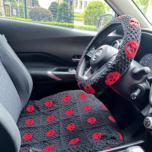Funda decorativa de crochet para coche, funda de volante con calavera, funda de cinturón de seguridad, funda de reposacabezas, funda de cojín de crochet para asiento de coche, interior del coche
