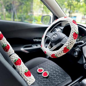 Funda de cojín para asiento de coche de crochet hecha a mano, funda para volante, funda para cinturón de seguridad, funda para reposacabezas, funda para respaldo, funda para interior de coche de crochet
