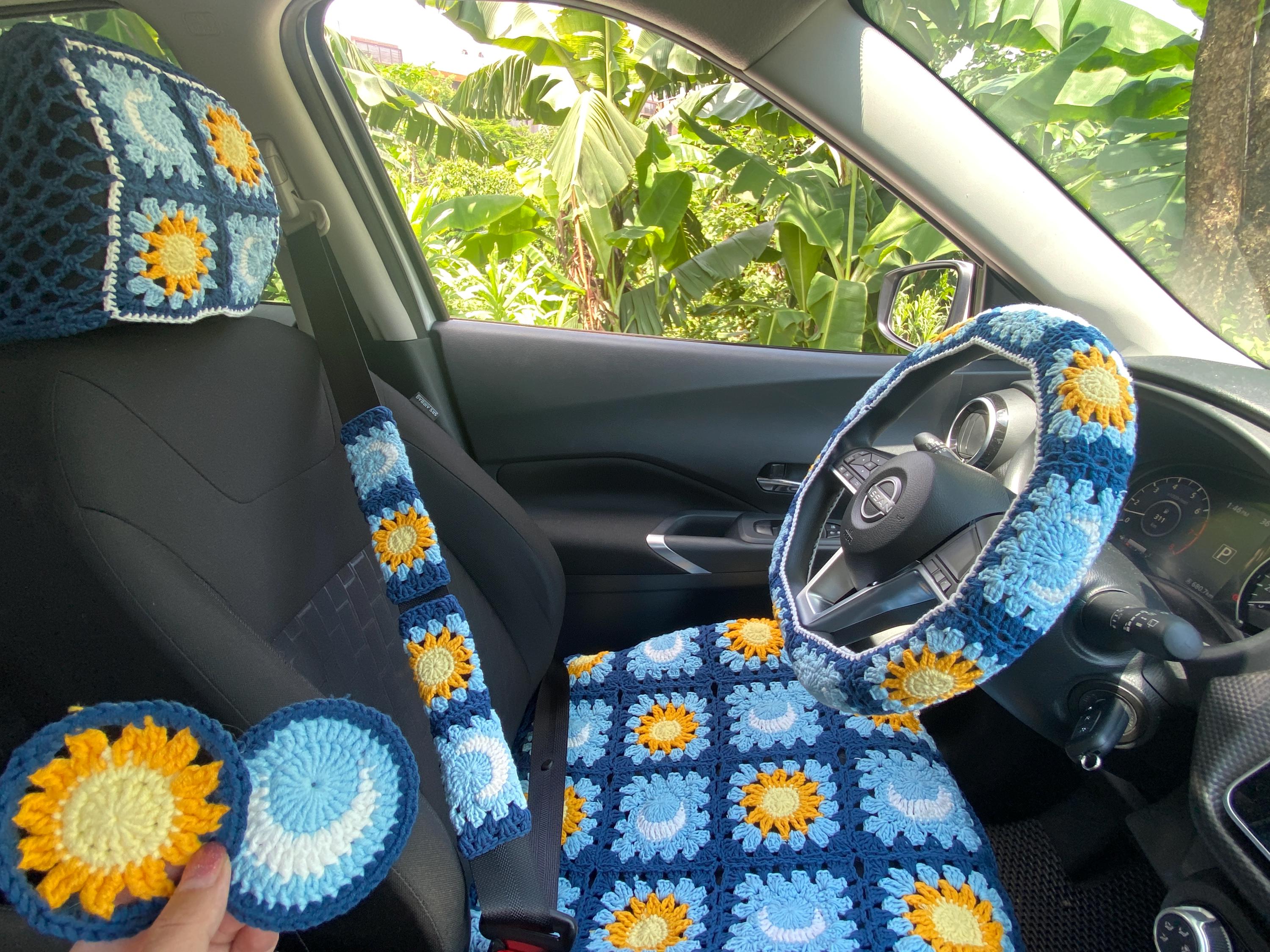 Sun and Moon crochet steering wheel cover, car new car interior gifts, comfortable car accessories, cute car decorations, seat belt covers