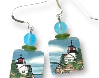 Bass Harbor Light Lighthouse Earrings polymer clay