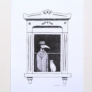 A plague doctor and a cat looking out from a classical style window.