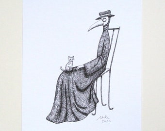 Goth print, Plague Doctor with Cat, Halloween home Décor, Creepy Black & white Ink Drawing Wall Art, Vintage Victorian Edwardian Style, MiKa