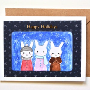 Cute Bunny Holiday Card, Handmade Happy Holidays Card with Winter Rabbit, Folk Art Christmas Card, Kawaii Animal Card, Festive Greeting Card