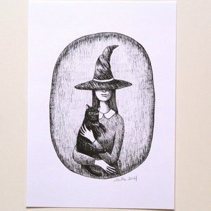 Witch and Black Cat Print: Gothic Halloween Home Decor