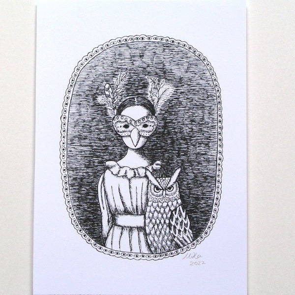 Gothic Home Décor, Spooky Portrait of Owl and Masked Lady, Pen and Ink Drawing, Victorian Style Black and White Wall Art, Surrealism print