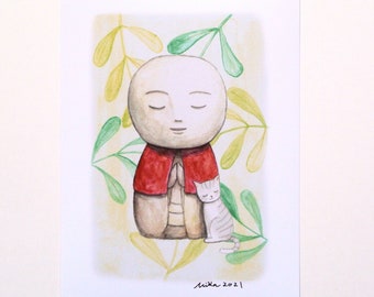 Jizo and Gray Cat Kitten Meditation Print, Wellness Gift for Cat Lover, Japanese Buddha Statue Zen Art, Loving Kindness Meditation Wall Art