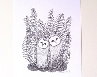 Owl Couple Print, Owl Ink Drawing, Black and white Wall Art, Barn Owls, Anniversary Gift, Woodland Nursery Print, Unique Wedding Gift, MiKa