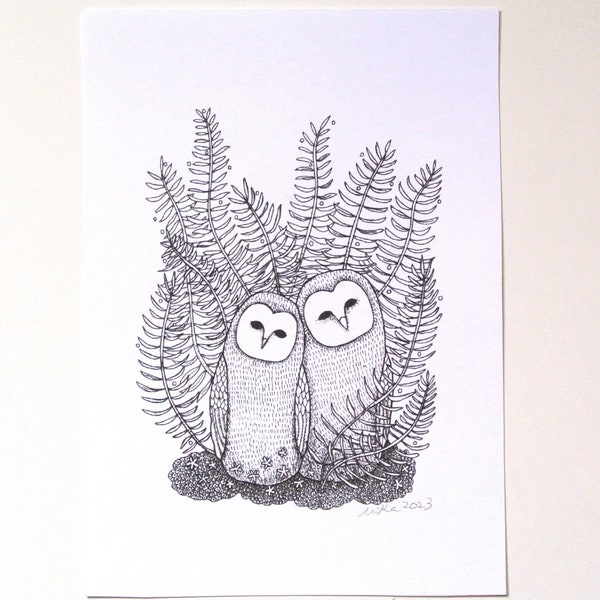 Owl Couple Print, Owl Ink Drawing, Black and white Wall Art, Barn Owls, Anniversary Gift, Woodland Nursery Print, Unique Wedding Gift, MiKa