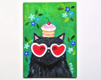 Funny Black Cat Painting, Original Whimsical Cat Folk Art, Mother day gift for Cat lover, Cute Pet portrait, Food Art for Kitchen Wall Décor