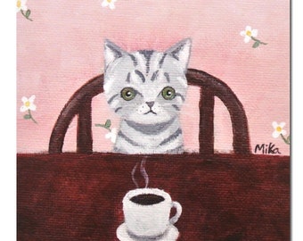 Cat Wall Art Print, Cat Lover Mothers Day gift, Kitchen Wall Décor, Cute Gray Tabby Kitten pet portrait, Coffee art, Modern Folk Art Print