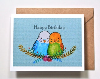 Cute Budgie Birthday Card, Parakeets Greeting Card, Happy Birthday Gift for Bird Lover, Pet bird portrait, Budgerigar Owner gift, Bird art