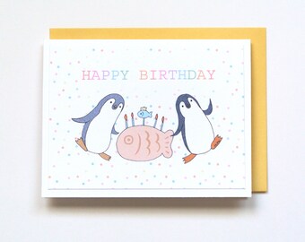 Penguin Birthday Card, Fishcake Lover Gift, Cute Birthday Card for Kids, Custom message, Quirky Funny Birthday Gift, Pastel Rainbow Confetti