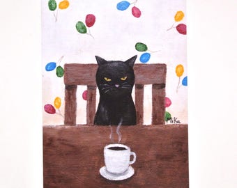 黒猫アート おもしろ猫プリント 不機嫌な猫プリント コーヒーを飲む猫