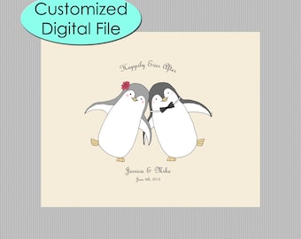 Unique Wedding Gift for Couple, Custom Couple Portrait as Penguins, Printable Digital file, Personalized Art Print, Penguin Anniversary gift