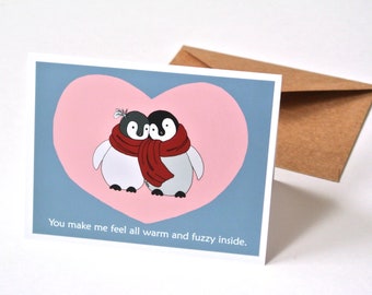 Penguin Anniversary card for him or her, Cute penguin I love you Card, Sweet Valentine gift for Boyfriend, Warm & fuzzy Penguin Couple Gift