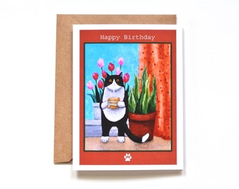 Cat Birthday Card, Gift for Cat Lover, Tuxedo cat with Flowers, Colorful Cheerful Card for Her/Him, Friend Gift, Custom Message Card, MiKa