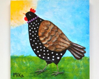 Art folklorique original de poulet, peinture sur bois, poule fantaisiste à pois, décoration Cottagecore