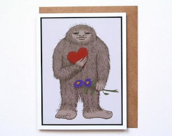 Funny Bigfoot Anniversary Card: Hairy Beast with Heart & Flowers
