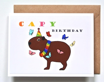 Capybara happy birthday Card, Friendly capybara with rainbow Butterflies