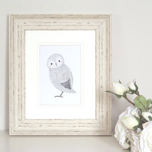 Owl Wall Art, Snowy Owl Illustration Print, Winter Woodland Animal Painting Print, Hygge Cottage Chic, Black & White Gray Neutral Home Décor image 3