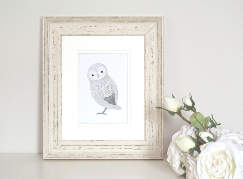 Owl Wall Art, Snowy Owl Illustration Print, Winter Woodland Animal Painting Print, Hygge Cottage Chic, Black & White Gray Neutral Home Décor image 3