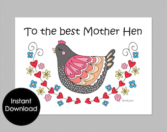 Carte de fête des mères imprimable, À la meilleure mère poule, cadeau d'anniversaire de poulet drôle pour maman, carte à téléchargement immédiat, bricolage facile de dernière minute