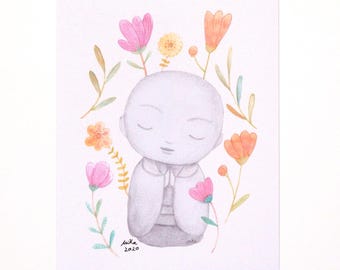 Japanese Jizo Art Print: Floral Zen Buddhism Decor